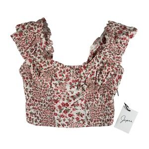 Japna Top Womens XS White Pink Floral Smocked Ruffle Crop Sleeveless Blouse Boho